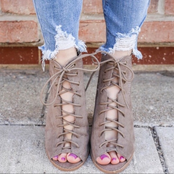 Qupid Suede Laced Perforated Taupe Booties! NEW! - Picture 2 of 10